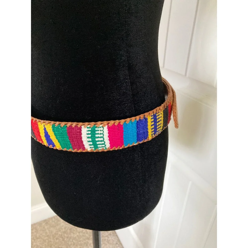 Vintage Guatemalan Woven‎ Leather Belt Tan Multi Color Boho Southwestern Size 34